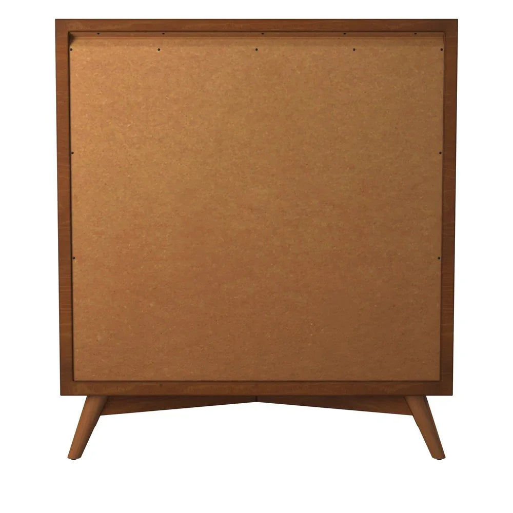 Back panel view of solid mahogany four-drawer chest showing MDF back construction mahogany frame border and angled splayed legs