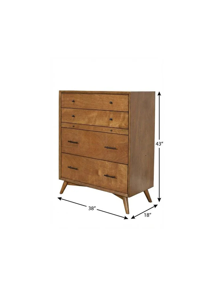 Dimension diagram of solid mahogany four-drawer chest measuring 43 inches high 38 inches wide and 18 inches deep