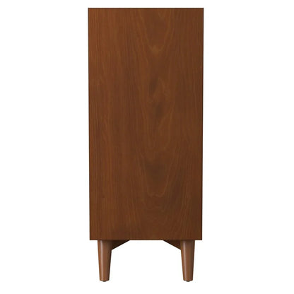 Right side panel of solid mahogany four-drawer chest showing smooth natural grain solid wood construction and angled tapered legs