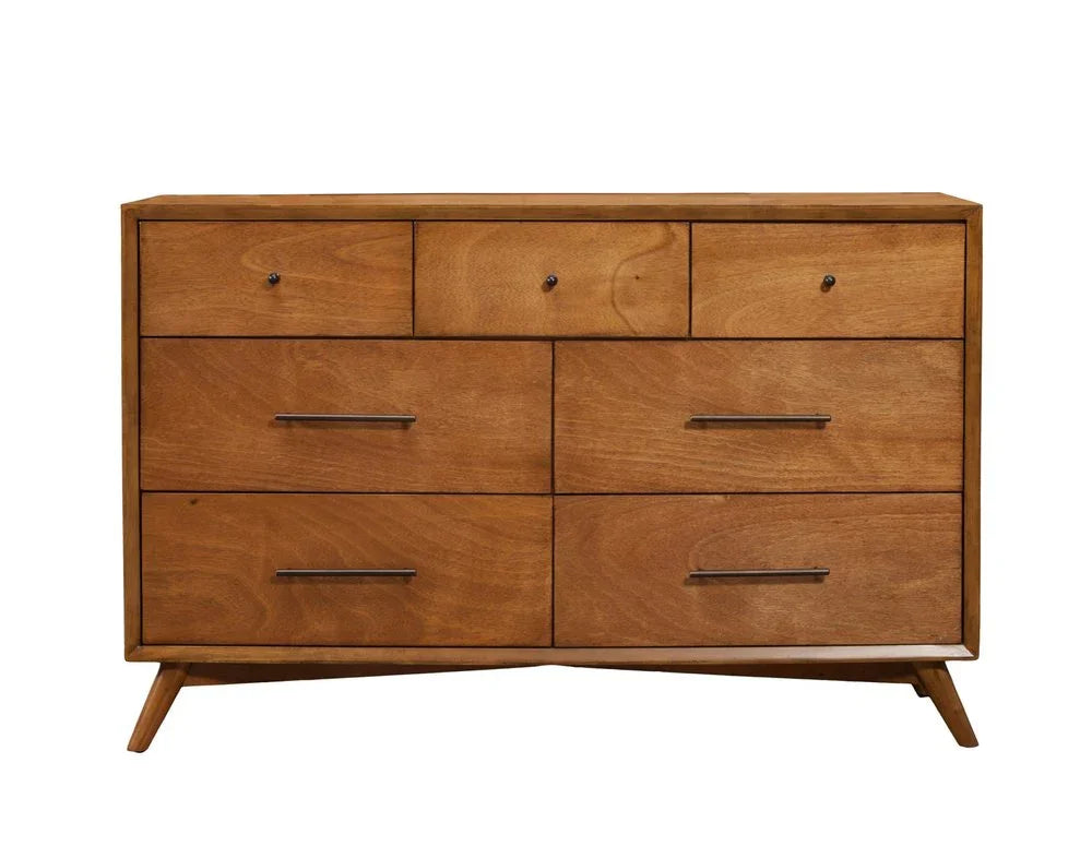 Solid mahogany seven-drawer double dresser front view on white background with round knobs bar pulls and splayed tapered legs