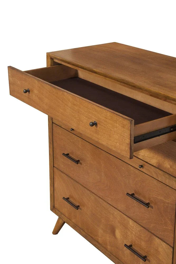 Open drawer view of solid mahogany seven-drawer double dresser showing felt-lined interior ball bearing glides and bar pulls