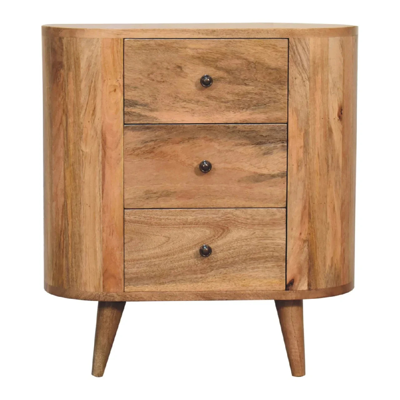 Solid wood mini cabinet front view with three drawers dark knobs and Nordic splayed legs in natural oak-ish finish
