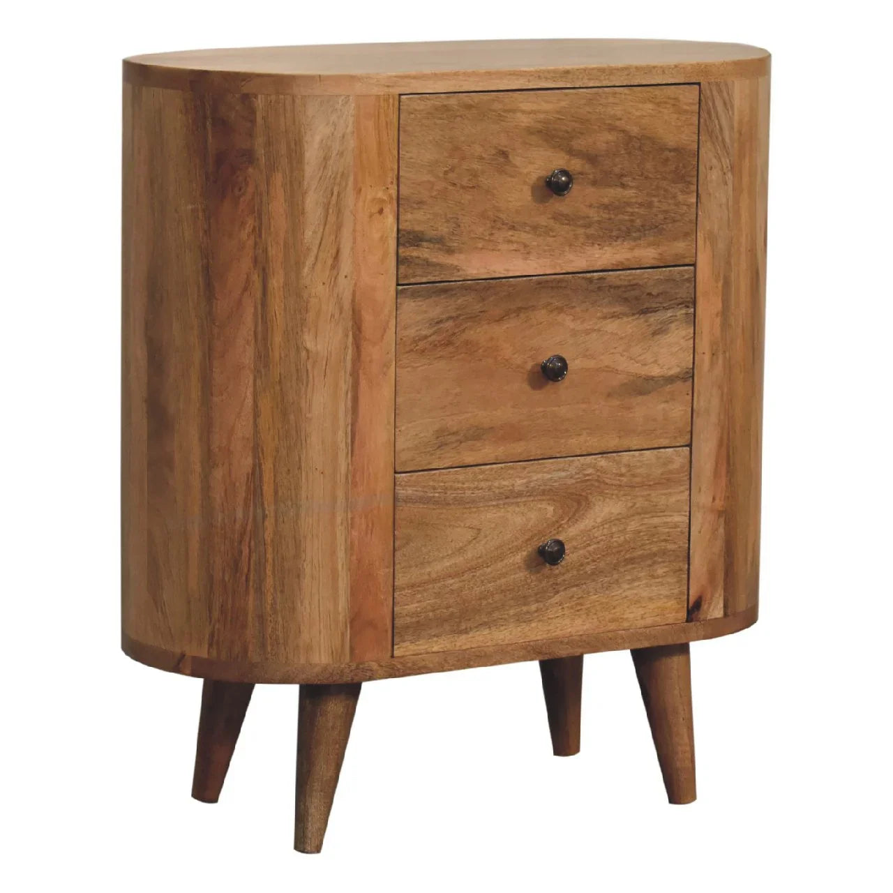 Left-angle view of solid wood mini cabinet showing natural grain wood knot detail three drawers and Nordic splayed legs
