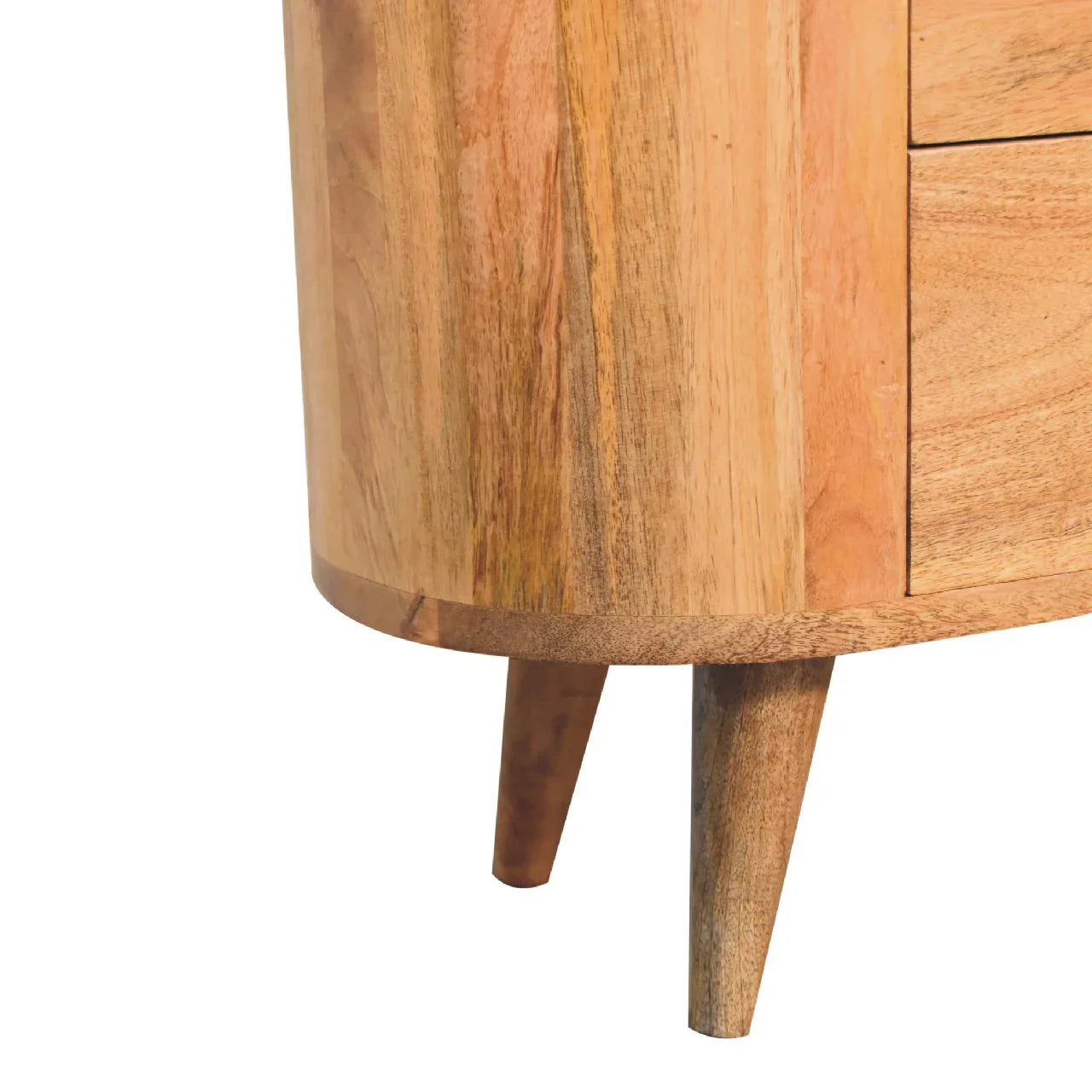 Close-up of Nordic splayed tapered legs on solid wood mini cabinet showing curved oval base and natural mango wood grain