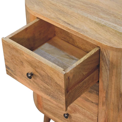 Open drawer interior of solid wood mini cabinet showing roomy storage solid wood construction and dovetail corner joinery