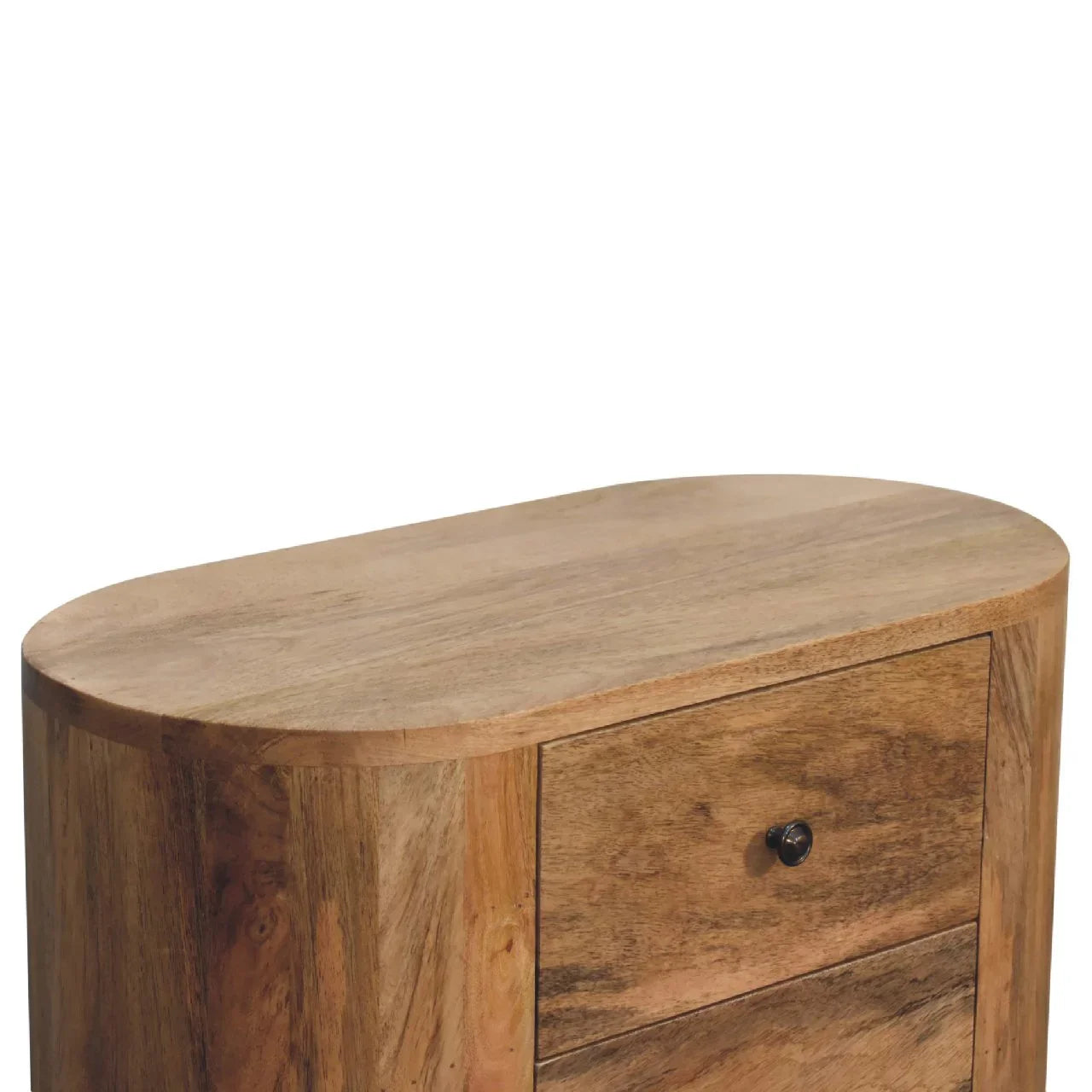 Oval top surface detail of solid wood mini cabinet showing smooth mango wood grain rounded edges and curved body
