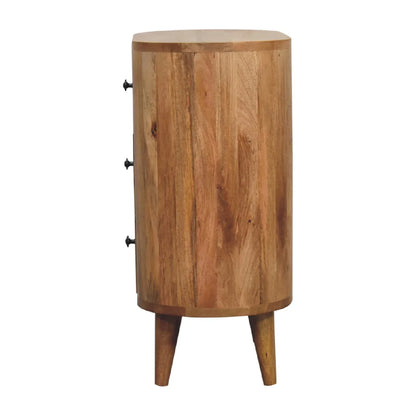 Right side profile of solid wood mini cabinet showing full curved oval body natural wood grain knots and Nordic splayed legs