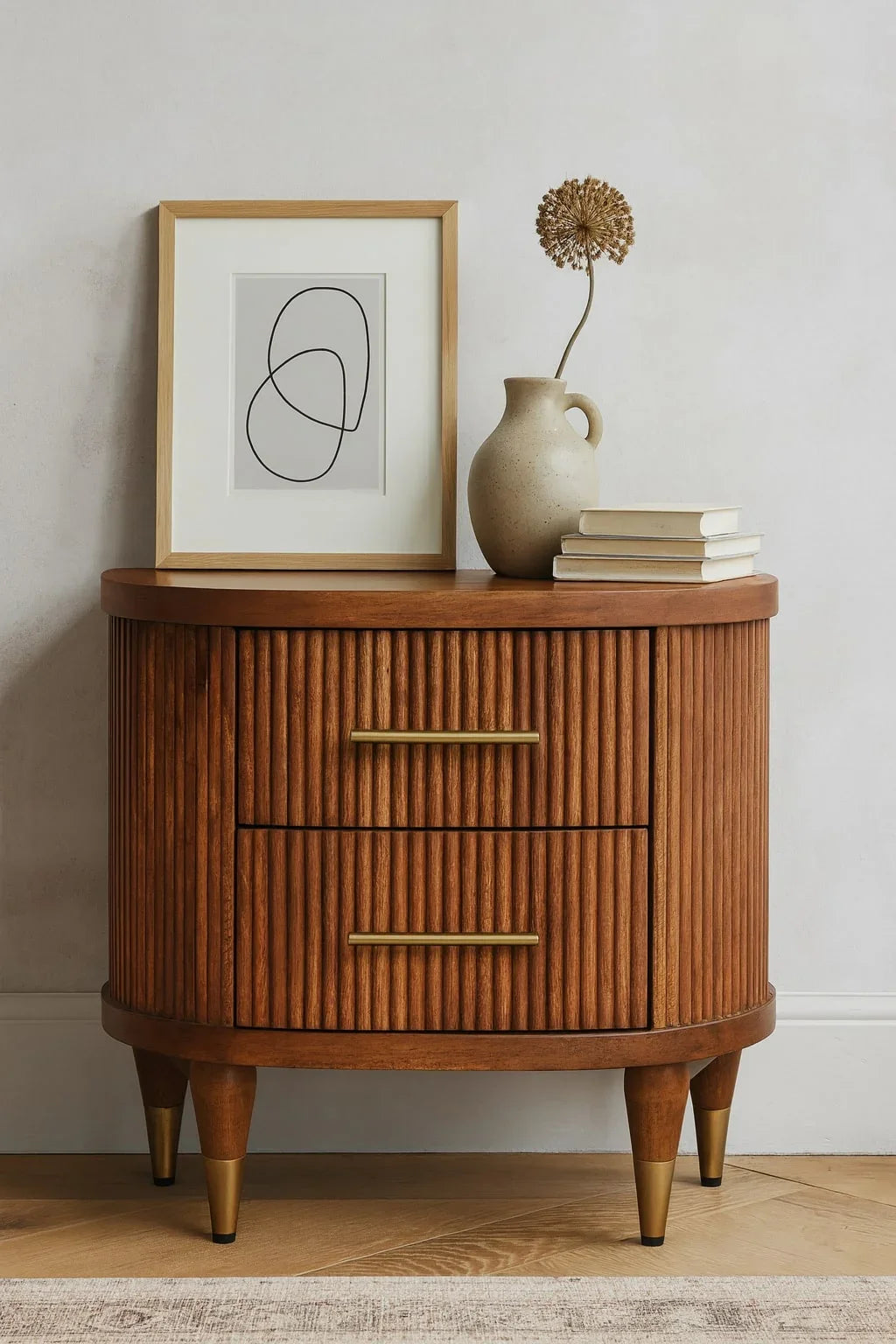 Solid Wood Ribbed Bedside Brass Accents warm amber oak ribbed drawers brass bar handles tapered legs lifestyle styled