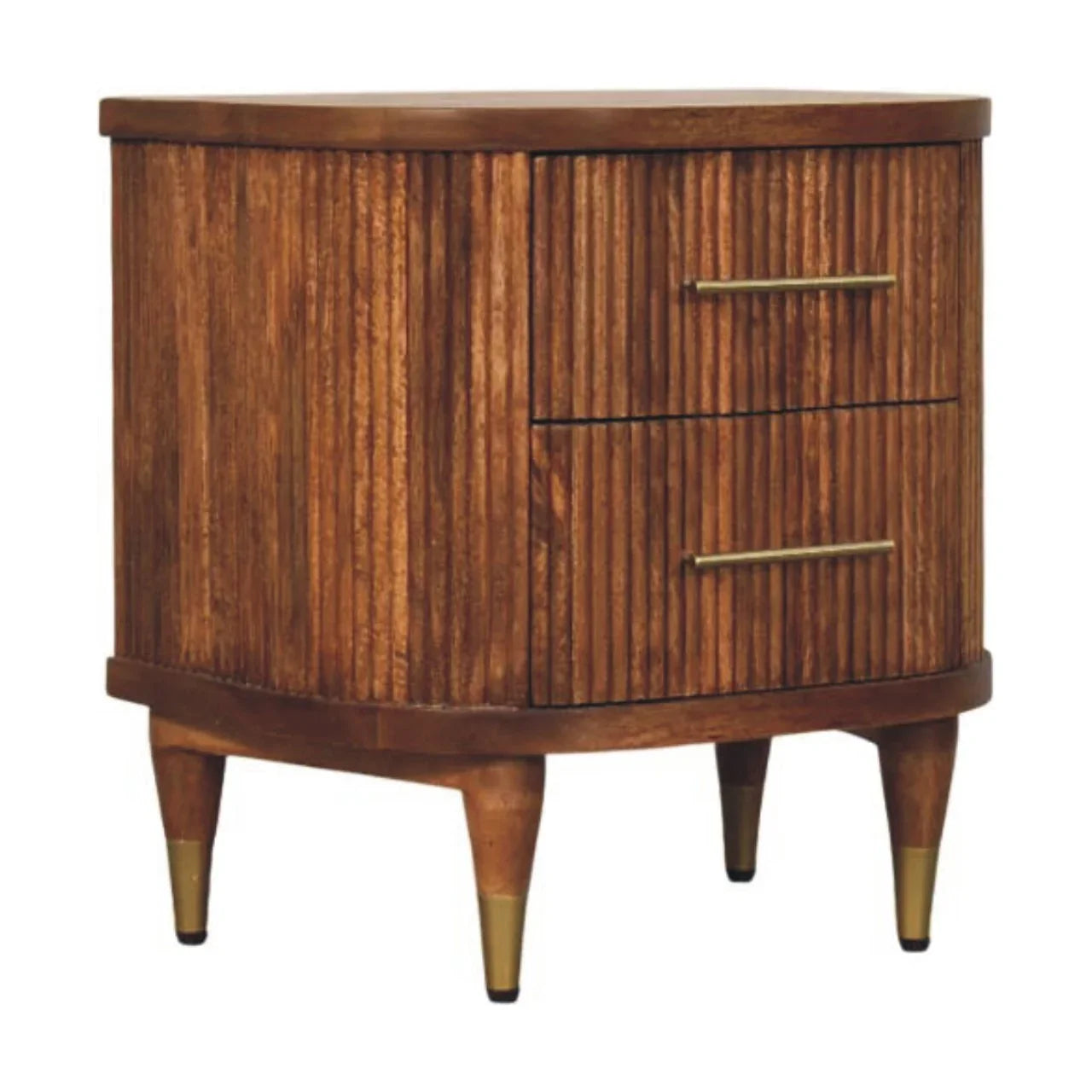 Solid Wood Ribbed Bedside Brass Accents angled view cabinet door panel tapered legs warm walnut tone