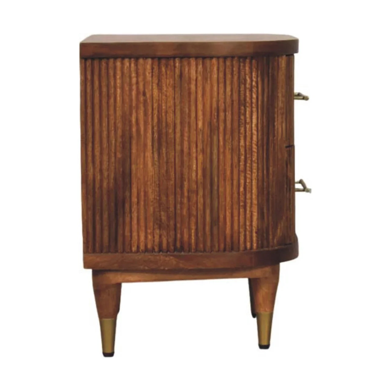 Solid Wood Ribbed Bedside Brass Accents back side profile full silhouette ribbed texture rounded body brass-capped legs white background