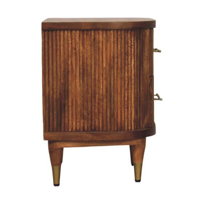 Solid Wood Ribbed Bedside Brass Accents back side profile full silhouette ribbed texture rounded body brass-capped legs white background