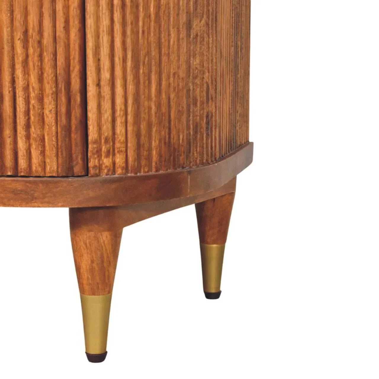 Solid Wood Ribbed Bedside Brass Accents brass-capped tapered leg close-up hardware detail amber oak base
