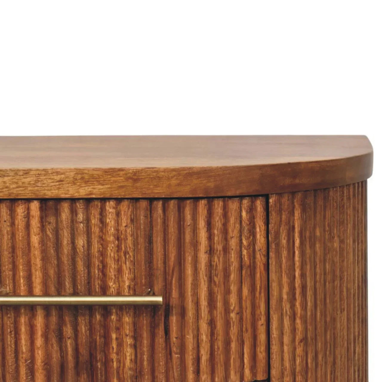 Solid Wood Ribbed Bedside Brass Accents close-up mango wood grain ribbed texture rounded top edge brass bar handle detail