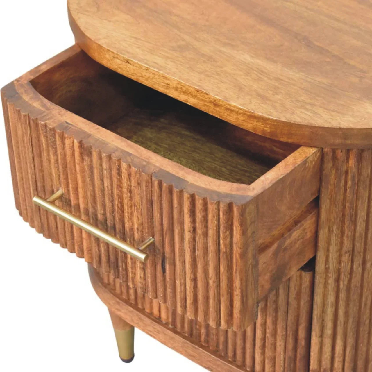 Solid Wood Ribbed Bedside Brass Accents open drawer interior depth mango wood construction brass bar handle ribbed front detail