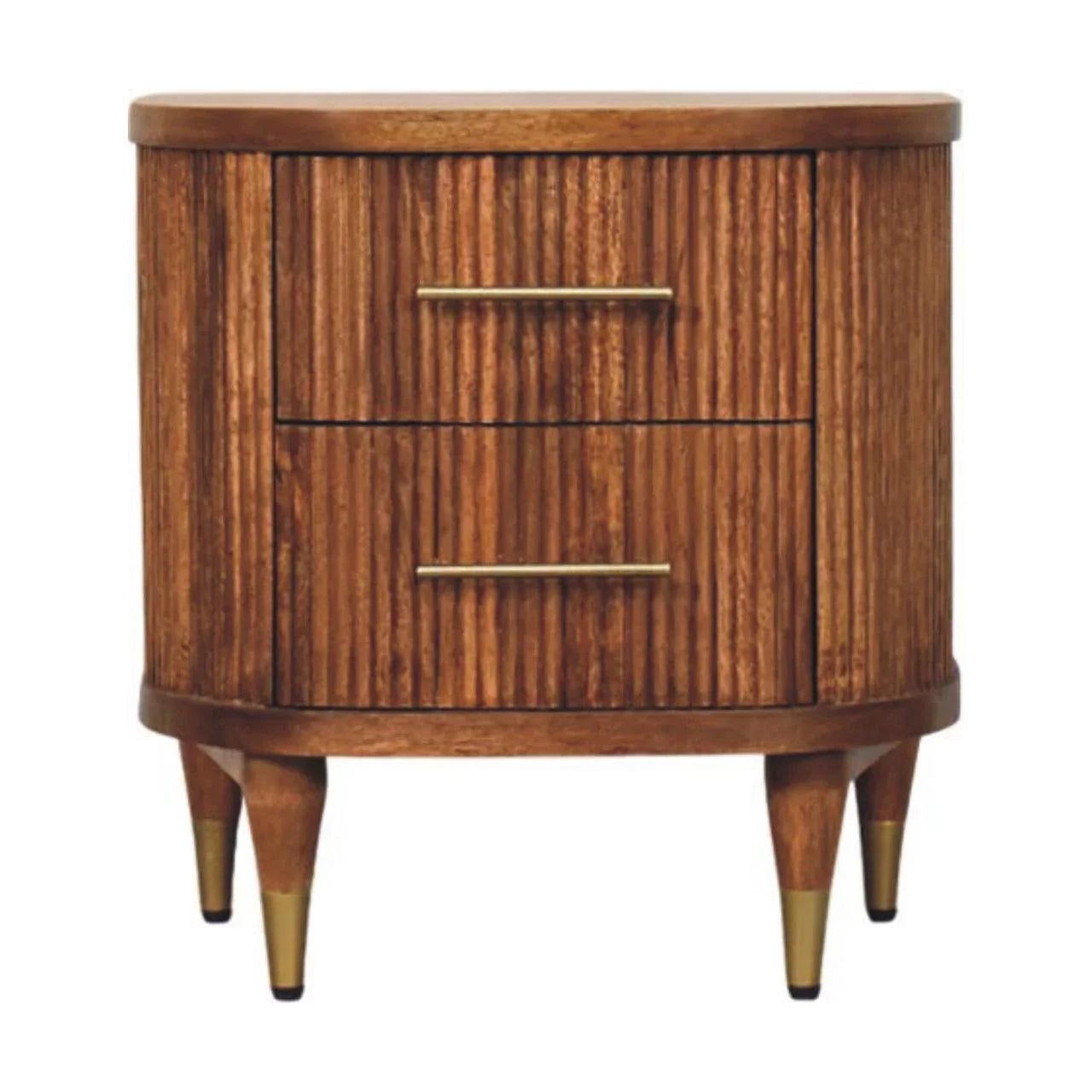 Solid Wood Ribbed Bedside Brass Accents three drawers tapered legs warm walnut tone mid-century silhouette