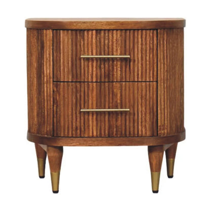 Solid Wood Ribbed Bedside Brass Accents three drawers tapered legs warm walnut tone mid-century silhouette