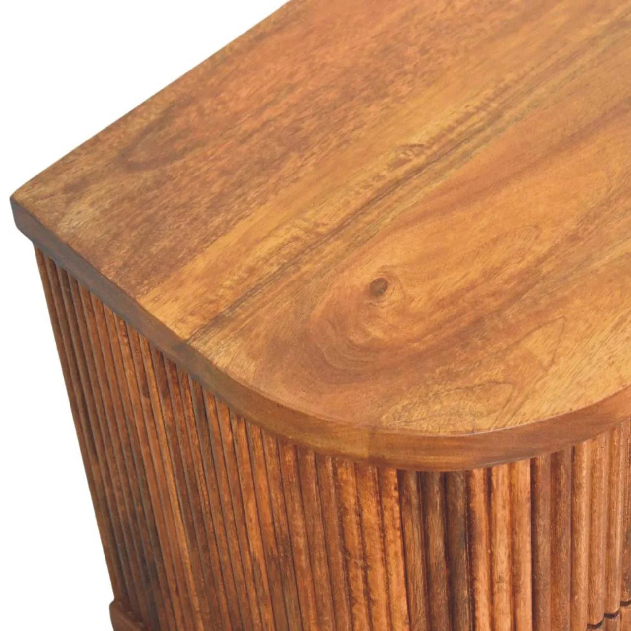 Solid Wood Ribbed Bedside Brass Accents top-down view rounded top surface ribbed side panel amber oak finish