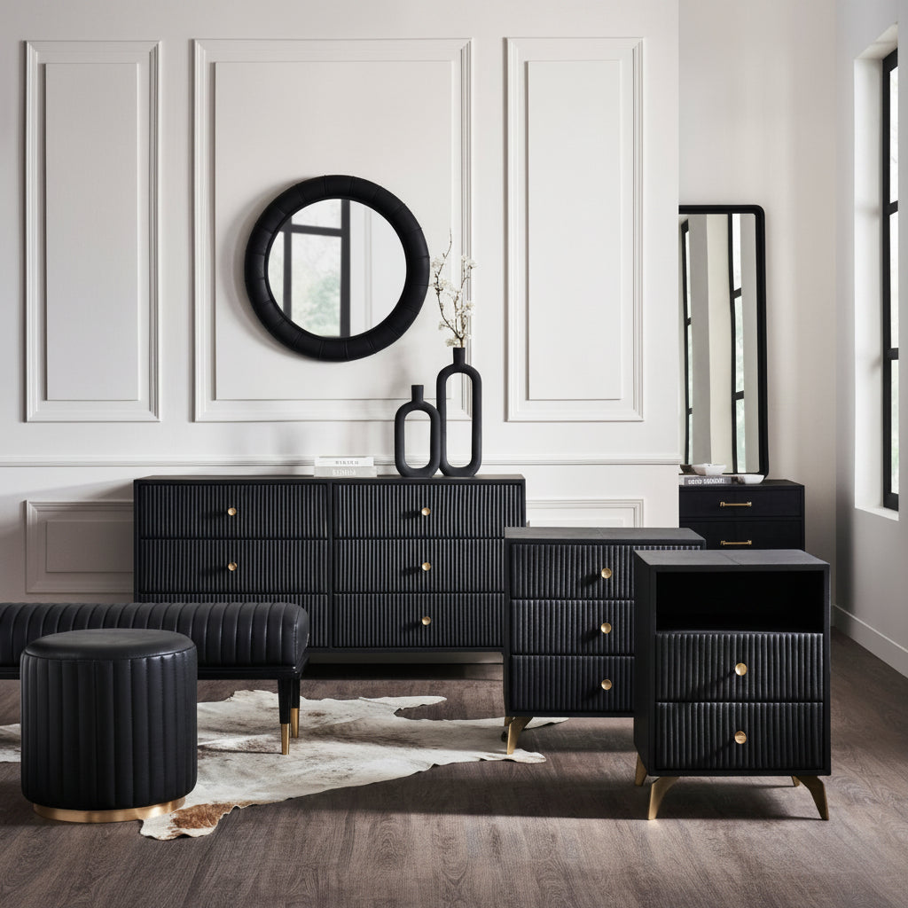 Stanford Fluted Two-Drawer Leather Nightstand black fluted dresser open shelf brass knobs styled bedroom vignette