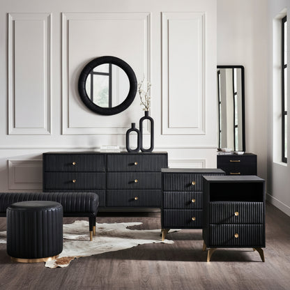 Stanford Fluted Two-Drawer Leather Nightstand black fluted dresser open shelf brass knobs styled bedroom vignette