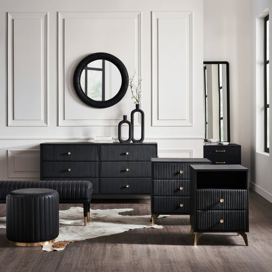 Stanford Fluted Two-Drawer Leather Nightstand black fluted dresser open shelf brass knobs styled bedroom vignette