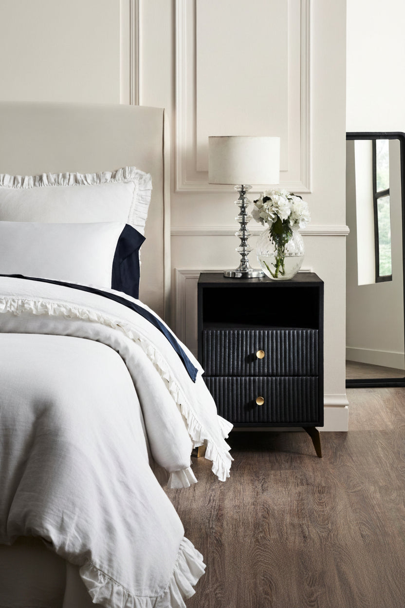 Stanford Fluted Two-Drawer Leather Nightstand black open shelf brass knobs white bedding floor mirror bedroom styled