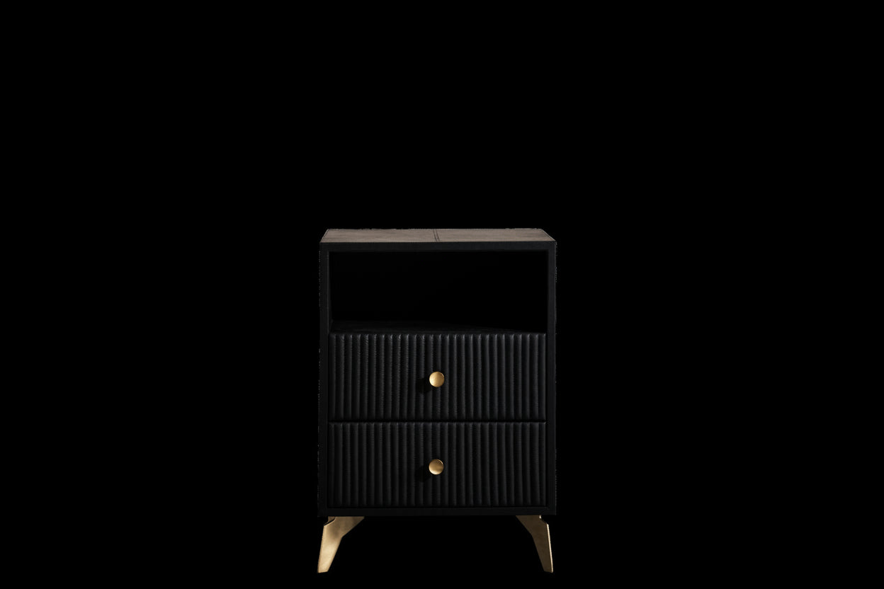 Stanford Fluted Two-Drawer Leather Nightstand black open shelf brass knobs brass legs front view black background