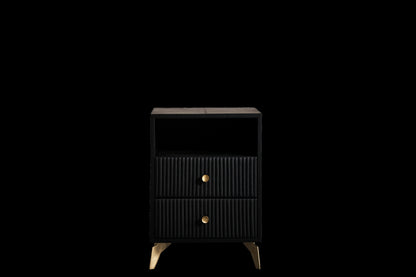 Stanford Fluted Two-Drawer Leather Nightstand black open shelf brass knobs brass legs front view black background