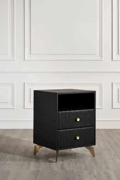 Stanford Fluted Two-Drawer Leather Nightstand black open shelf brass knobs brass legs white paneled wall angled view