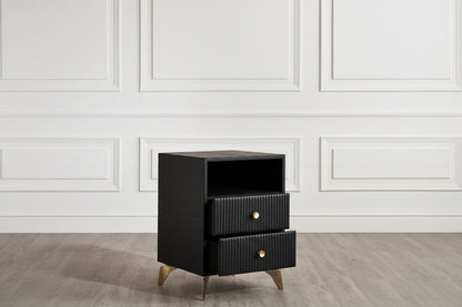 Stanford Fluted Two-Drawer Leather Nightstand black open shelf brass knobs brass legs side view white paneled wall