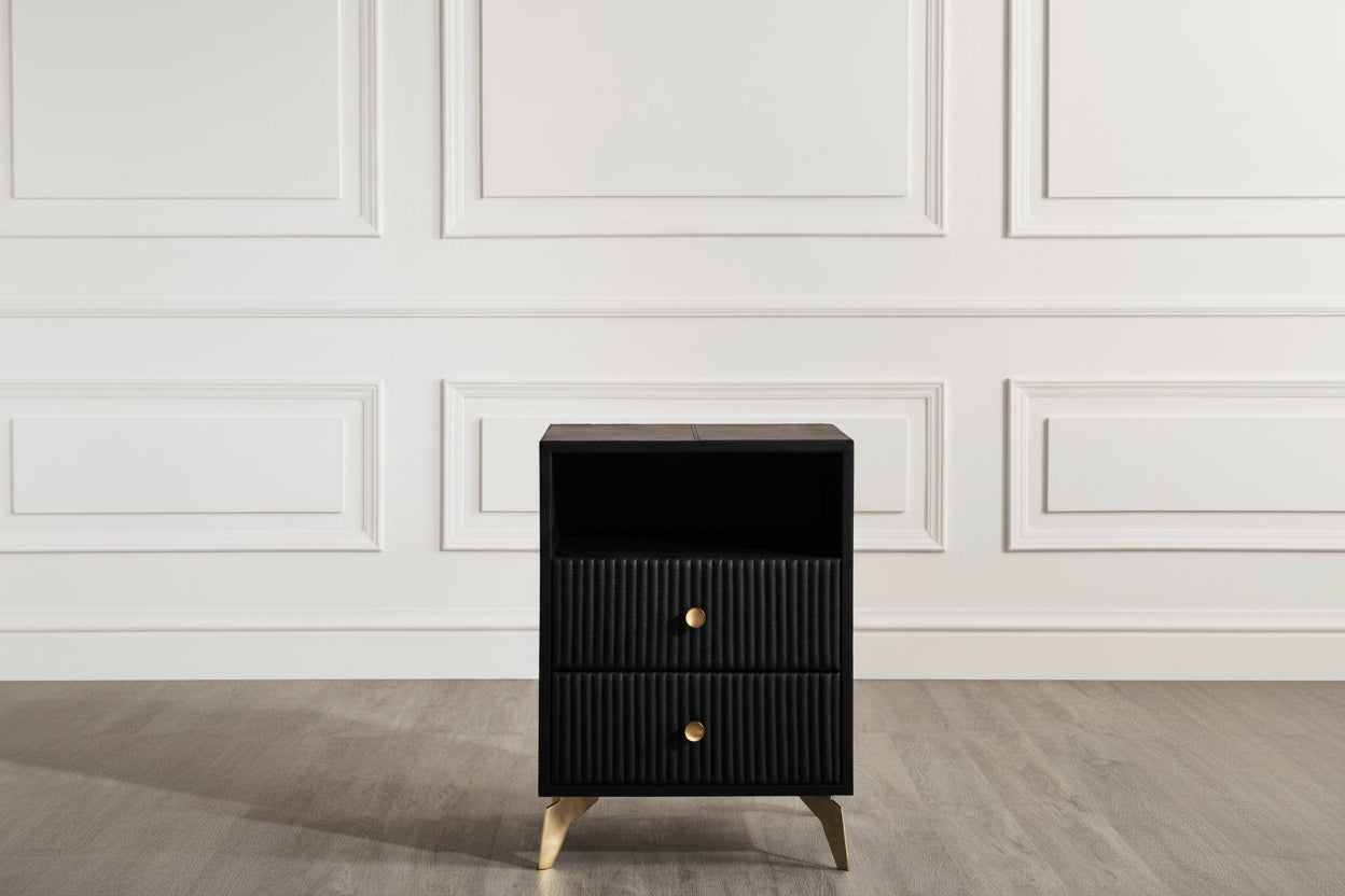 Stanford Fluted Two-Drawer Leather Nightstand black open shelf brass knobs brass legs white paneled wall front view