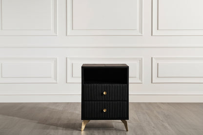 Stanford Fluted Two-Drawer Leather Nightstand black open shelf brass knobs brass legs white paneled wall front view