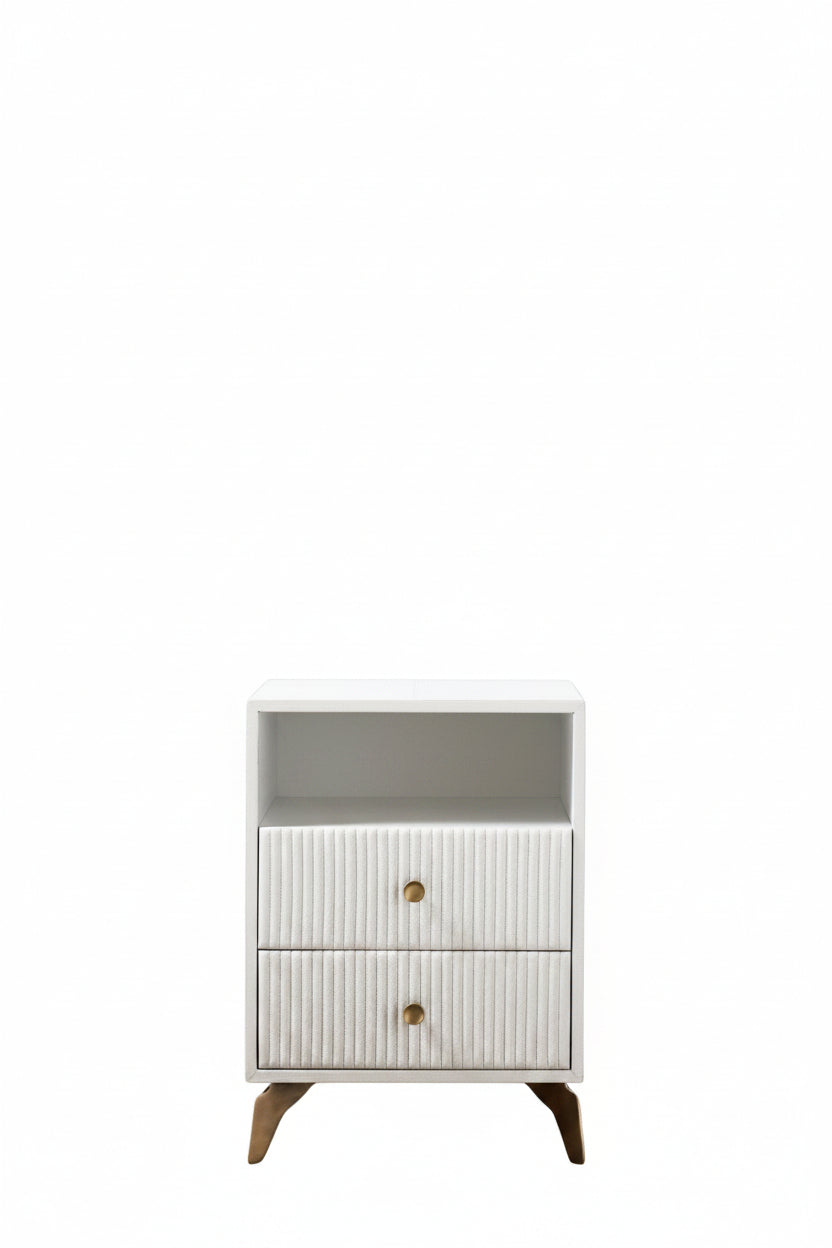 Stanford Fluted Two-Drawer Leather Nightstand white open shelf brass knobs brass legs front view white background