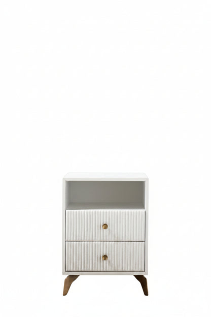 Stanford Fluted Two-Drawer Leather Nightstand white open shelf brass knobs brass legs front view white background