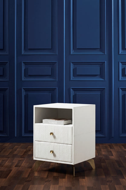 Stanford Fluted Two-Drawer Leather Nightstand white open shelf brass knobs navy blue wall front view