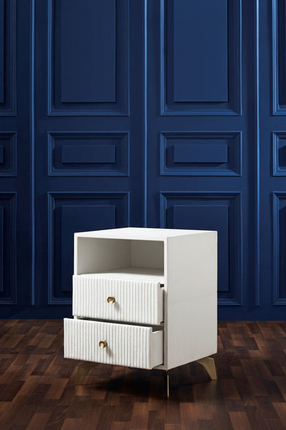 Stanford Fluted Two-Drawer Leather Nightstand white open shelf brass knobs drawers open navy blue paneled wall dark hardwood floor