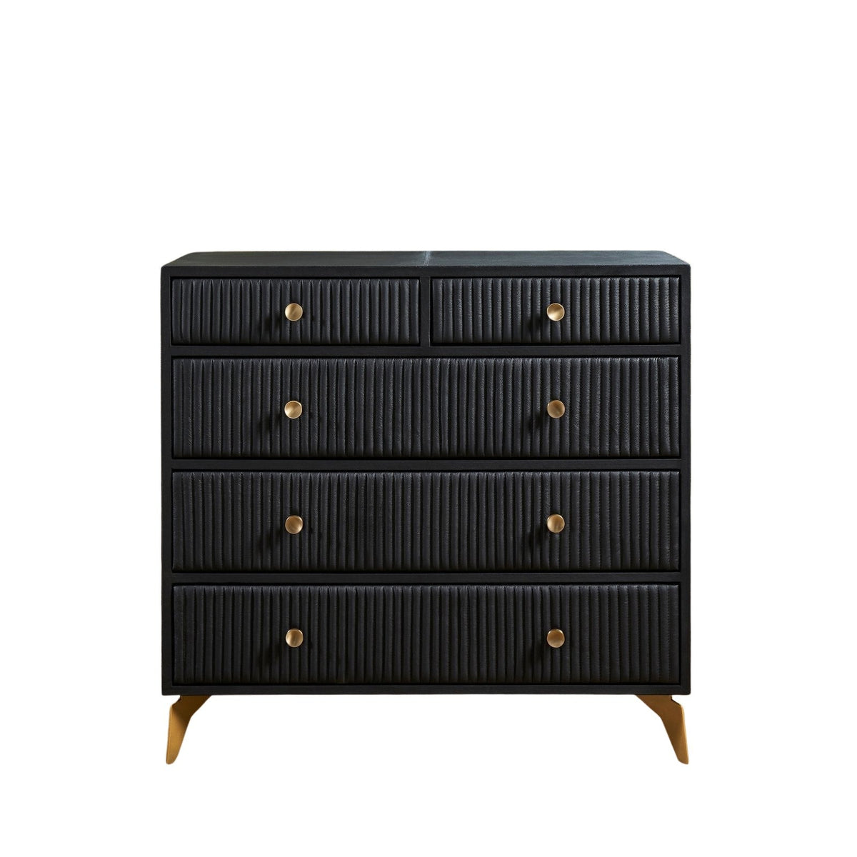 Stanford Ribbed Five-Drawer Leather Chest in black genuine leather front-facing view showing full ribbed drawer fronts and solid brass knobs on angled brass legs against white background