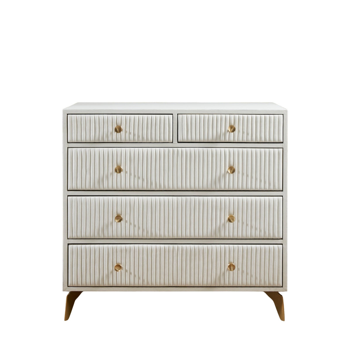 Stanford Ribbed Five-Drawer Leather Chest in white genuine leather front-facing view showing full ribbed drawer fronts, solid brass knobs, and angled brass legs against white background