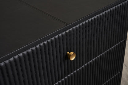 Stanford Ribbed Six-Drawer Leather Dresser black genuine leather ribbed texture brass knob close-up detail corner view