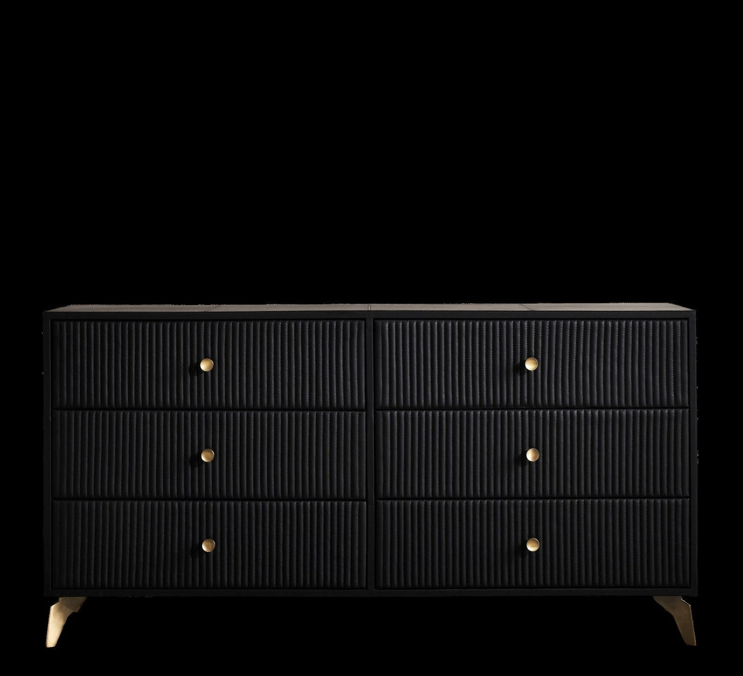 Stanford Ribbed Six-Drawer Leather Dresser black six drawers brass knobs brass-finished legs front view dark background