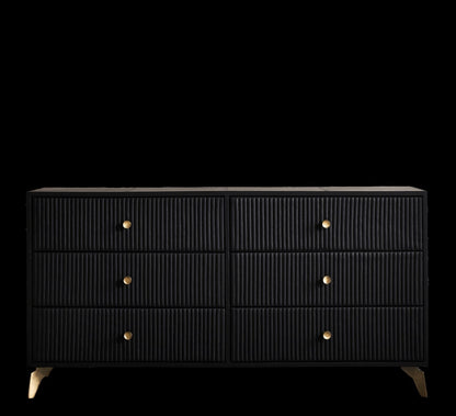 Stanford Ribbed Six-Drawer Leather Dresser black six drawers brass knobs brass-finished legs front view dark background