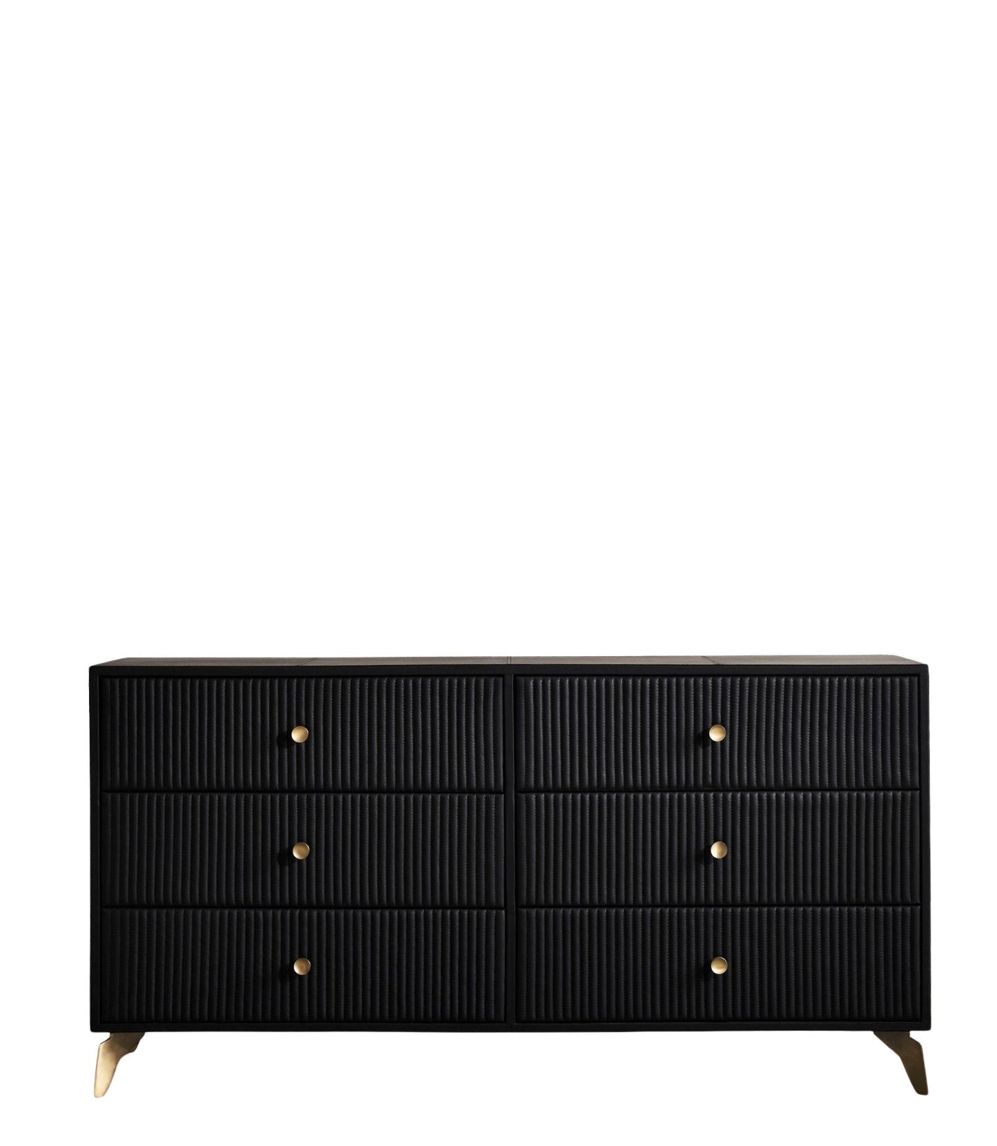 Stanford Ribbed Six-Drawer Leather Dresser black six drawers brass knobs brass-finished legs front view white background
