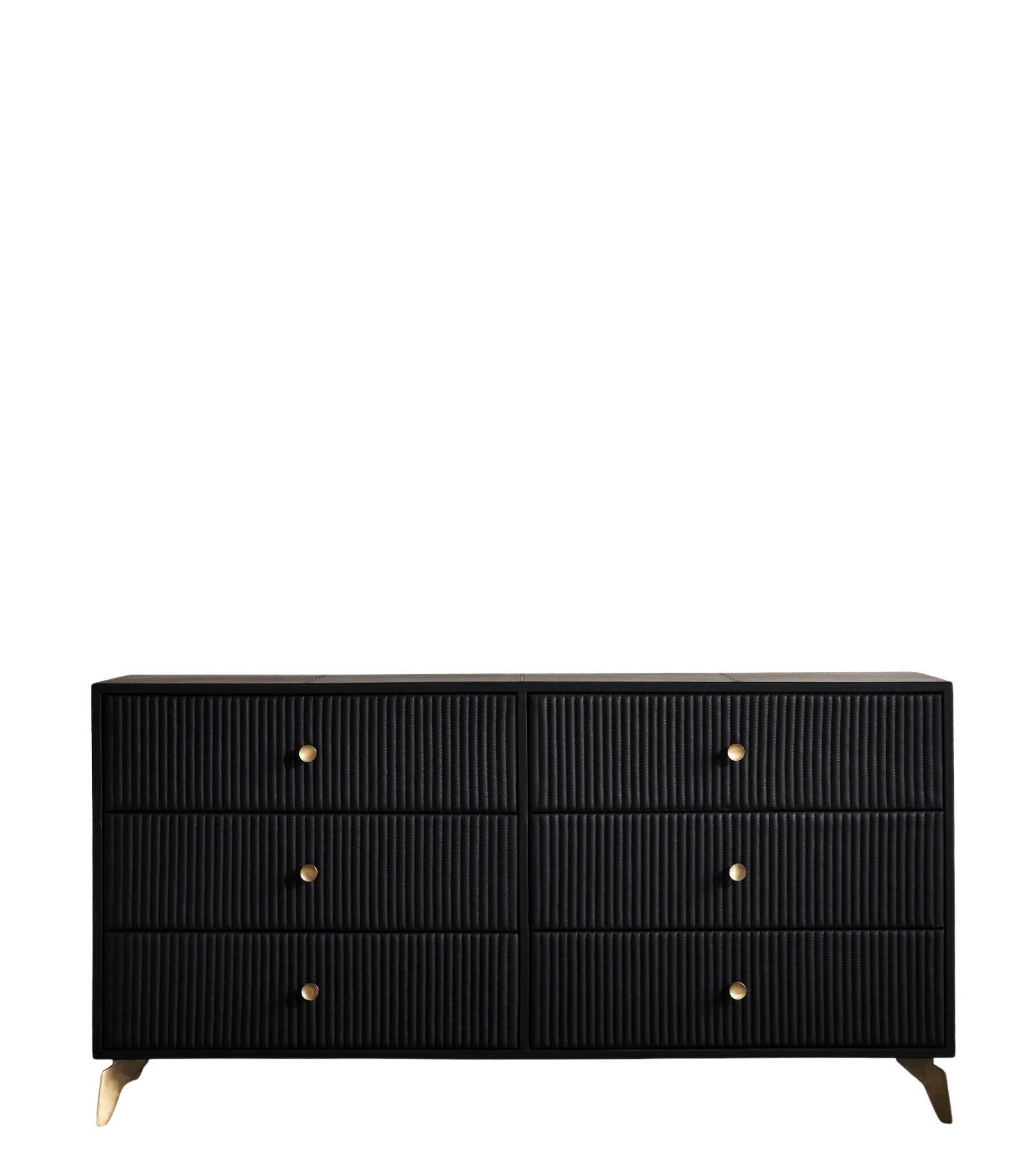 Stanford Ribbed Six-Drawer Leather Dresser black six drawers brass knobs brass-finished legs front view white background