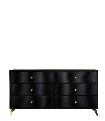 Stanford Ribbed Six-Drawer Leather Dresser black six drawers brass knobs brass-finished legs front view white background