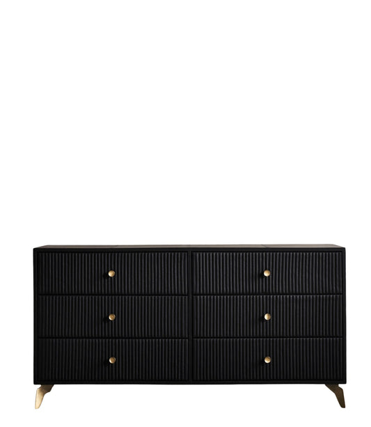 Stanford Ribbed Six-Drawer Leather Dresser black six drawers brass knobs brass-finished legs front view white background