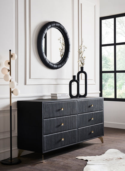 Stanford Ribbed Six-Drawer Leather Dresser black six drawers brass knobs brass-finished legs styled bedroom round mirror floor lamp white paneled wall