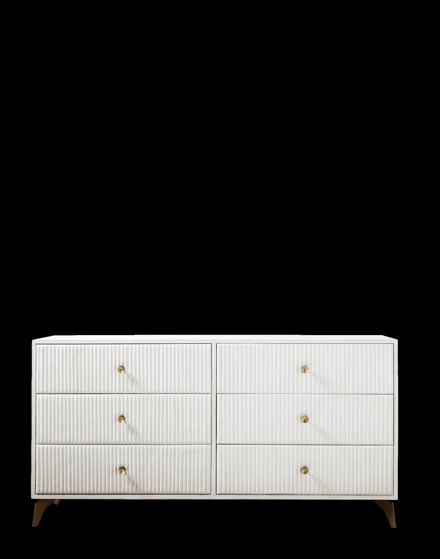 Stanford Ribbed Six-Drawer Leather Dresser white six drawers brass knobs brass-finished legs front view dark background