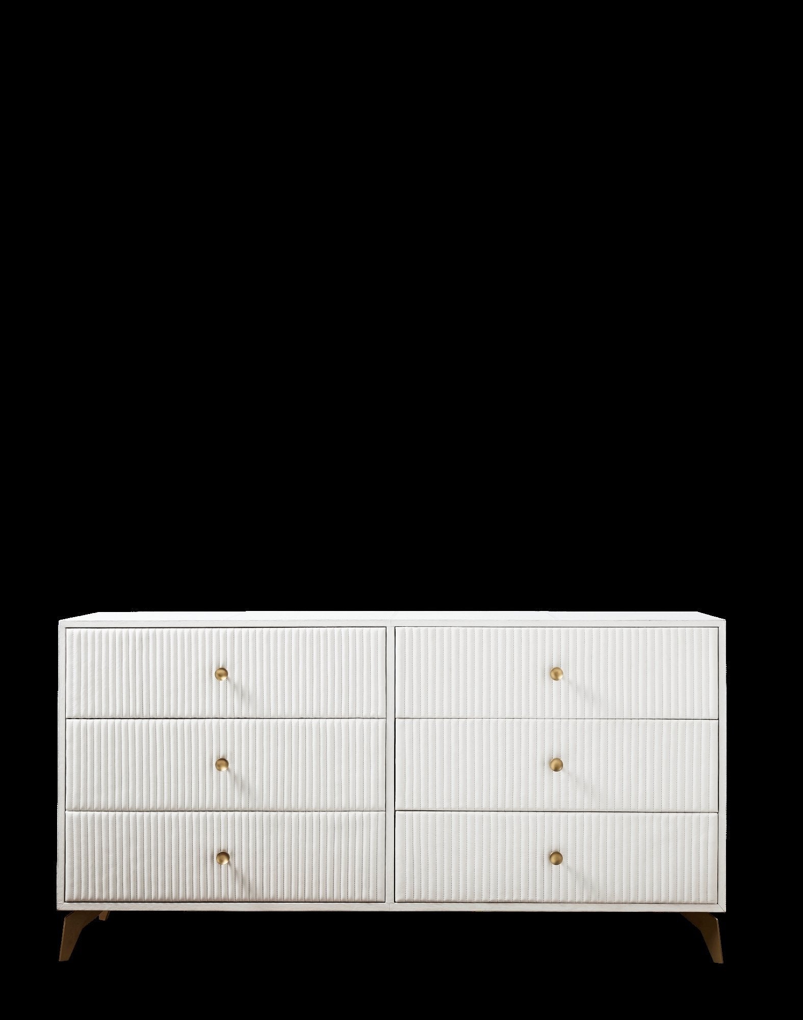 Stanford Ribbed Six-Drawer Leather Dresser white six drawers brass knobs brass-finished legs front view dark background