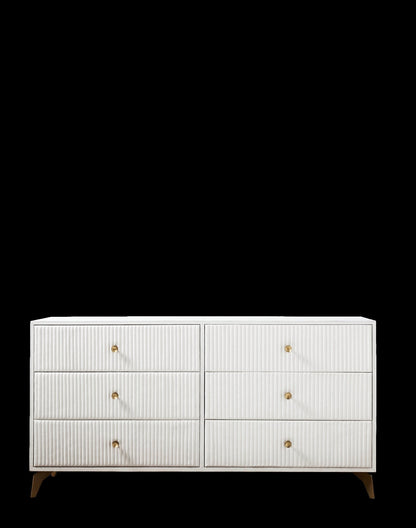 Stanford Ribbed Six-Drawer Leather Dresser white six drawers brass knobs brass-finished legs front view dark background