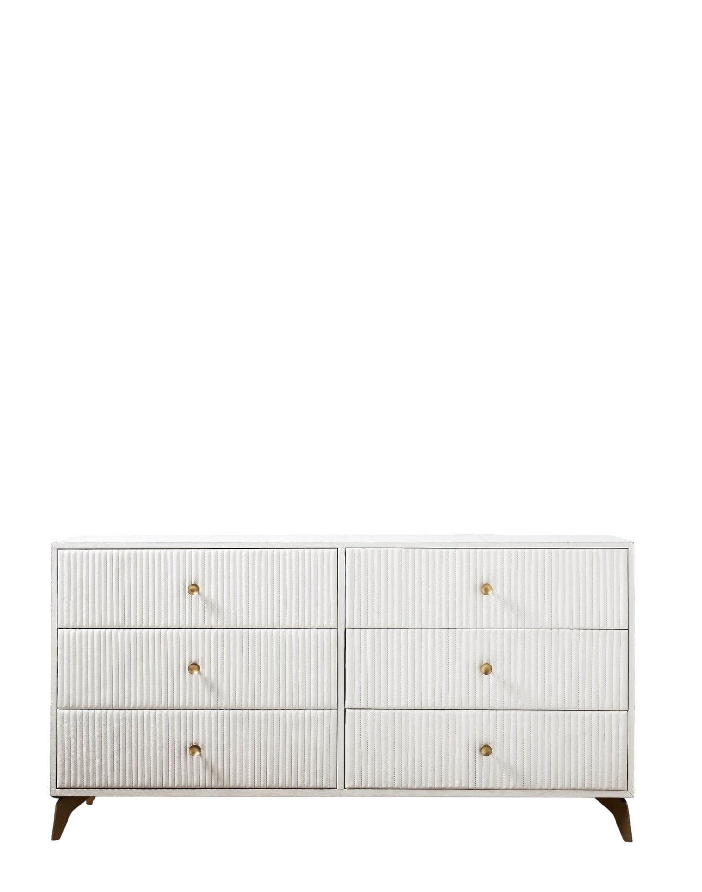 Stanford Ribbed Six-Drawer Leather Dresser white six drawers brass knobs brass-finished legs front view white background