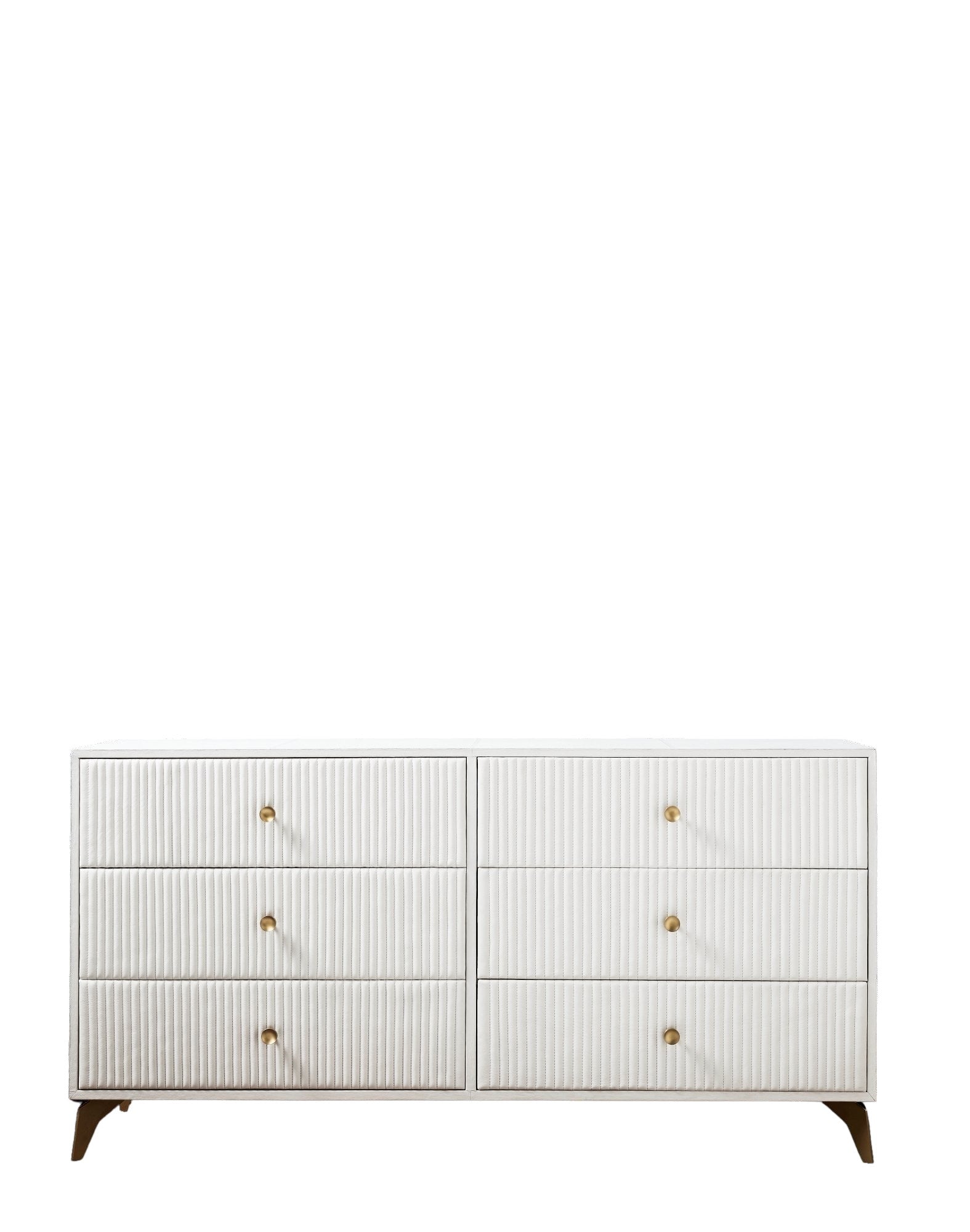 Stanford Ribbed Six-Drawer Leather Dresser white six drawers brass knobs brass-finished legs front view white background